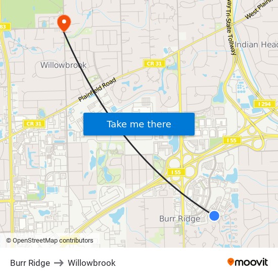 Burr Ridge to Willowbrook map