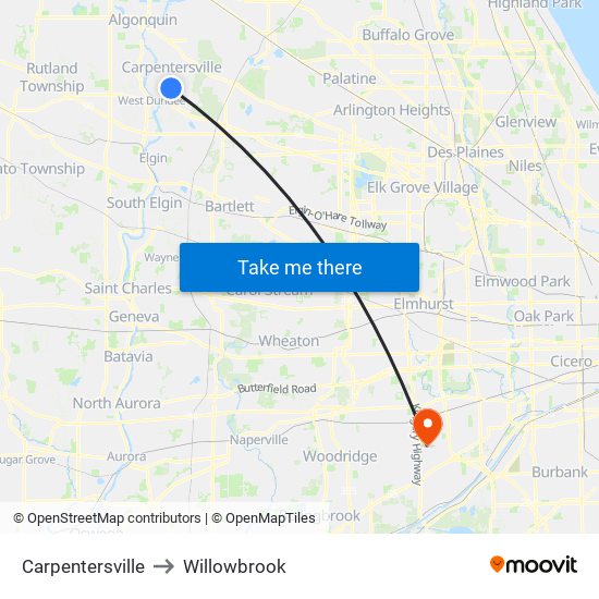 Carpentersville to Willowbrook map