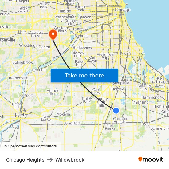 Chicago Heights to Willowbrook map