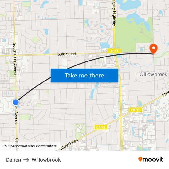 Darien to Willowbrook map