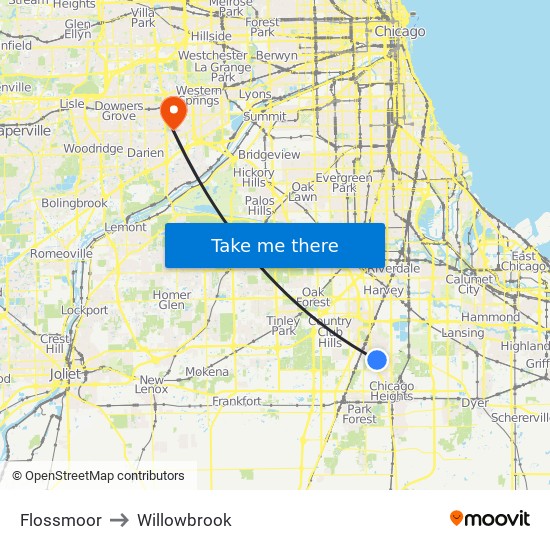 Flossmoor to Willowbrook map