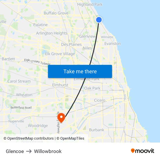 Glencoe to Willowbrook map