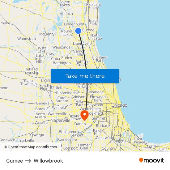 Gurnee to Willowbrook map