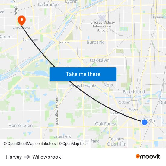 Harvey to Willowbrook map