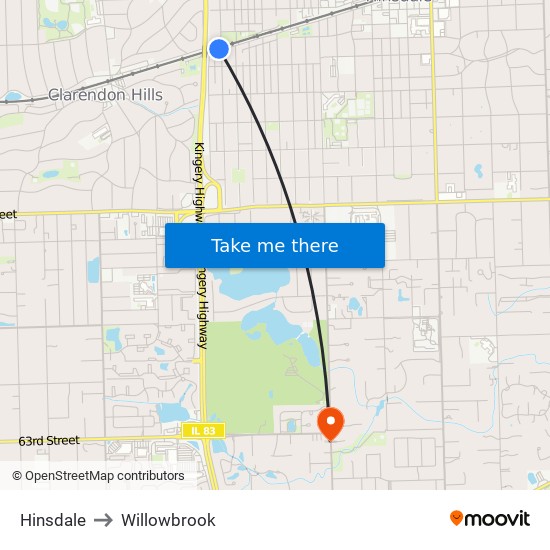 Hinsdale to Willowbrook map