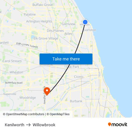 Kenilworth to Willowbrook map