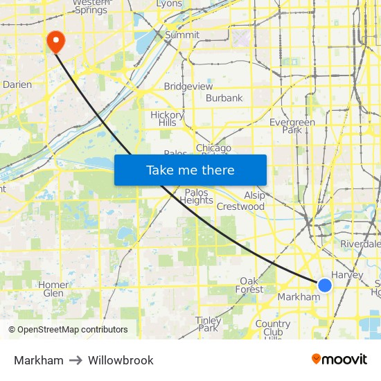 Markham to Willowbrook map