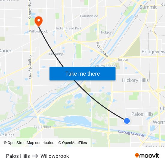 Palos Hills to Willowbrook map