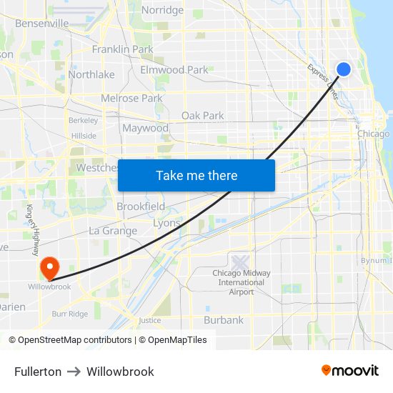 Fullerton to Willowbrook map