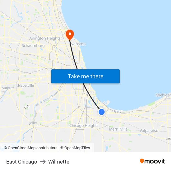 East Chicago to Wilmette map