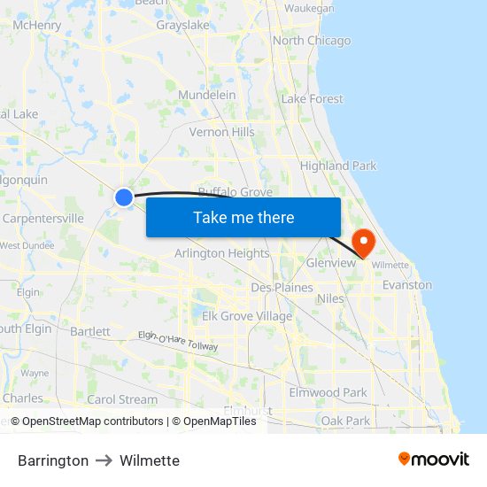 Barrington to Wilmette map