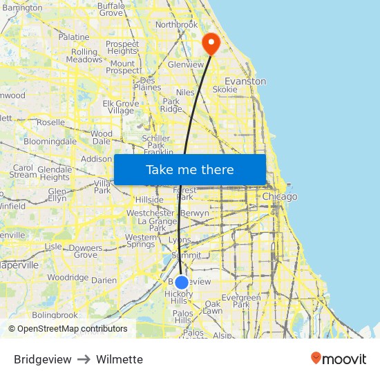 Bridgeview to Wilmette map