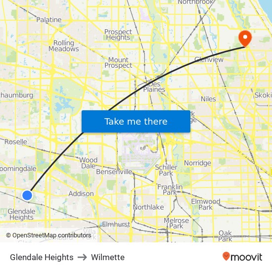 Glendale Heights to Wilmette map