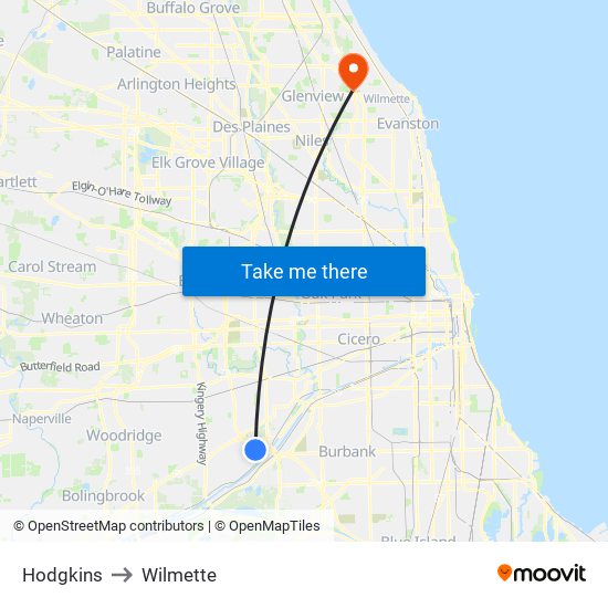 Hodgkins to Wilmette map