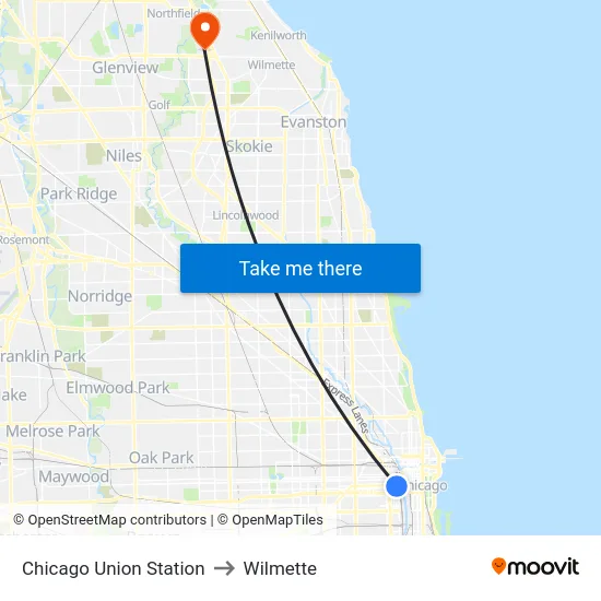 Chicago Union Station to Wilmette map