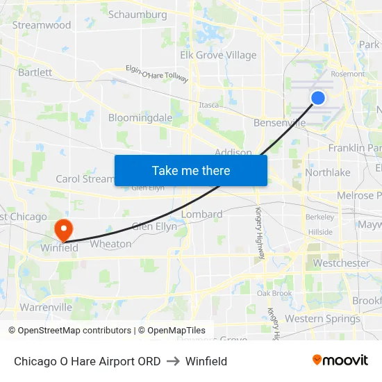 Chicago O Hare Airport ORD to Winfield map