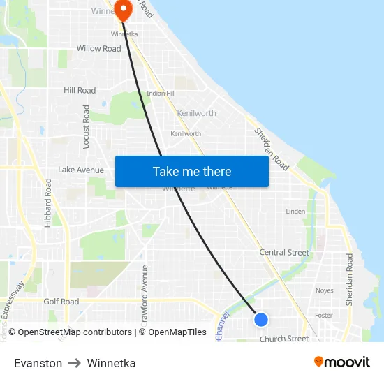 Evanston to Winnetka map