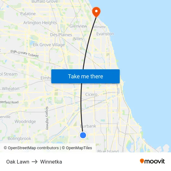 Oak Lawn to Winnetka map