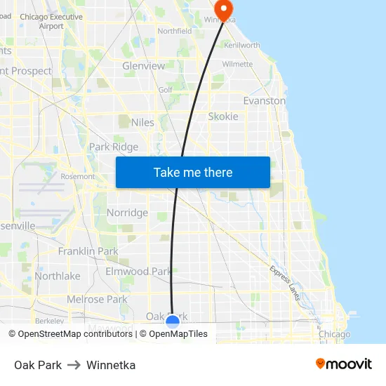 Oak Park to Winnetka map