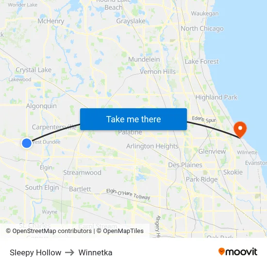 Sleepy Hollow to Winnetka map