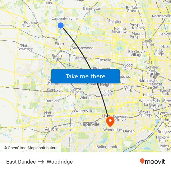 East Dundee to Woodridge map