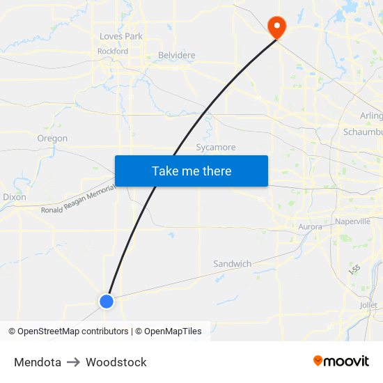 Mendota to Woodstock map