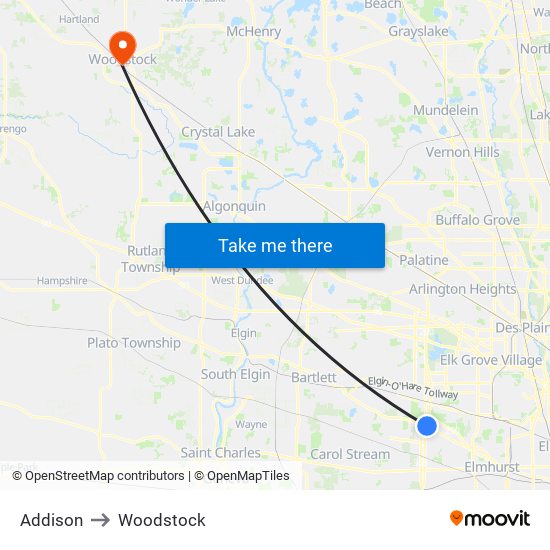 Addison to Woodstock map