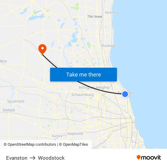 Evanston to Woodstock map