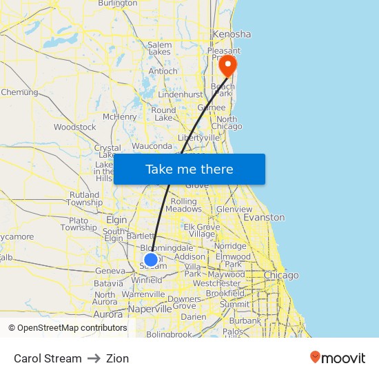 Carol Stream to Zion map