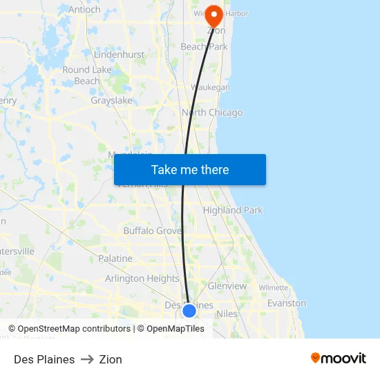 Des Plaines to Zion map
