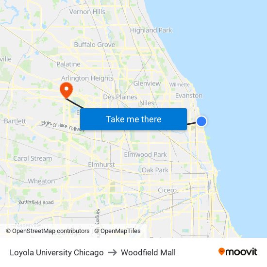 Loyola University Chicago to Woodfield Mall map