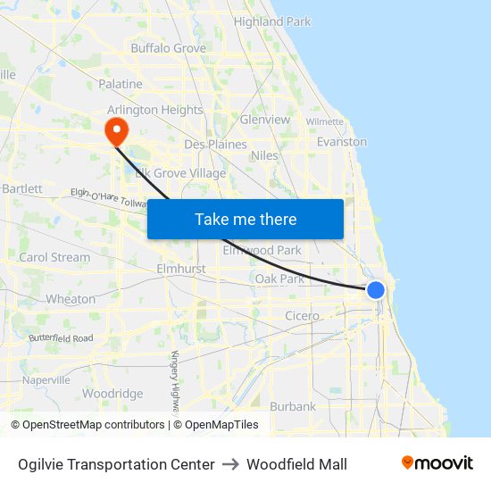 Ogilvie Transportation Center to Woodfield Mall map
