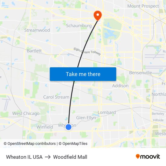 Wheaton IL USA to Woodfield Mall map