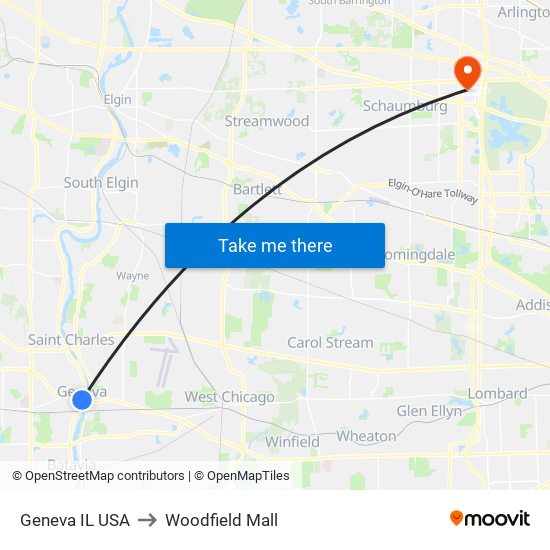 Geneva IL USA to Woodfield Mall map