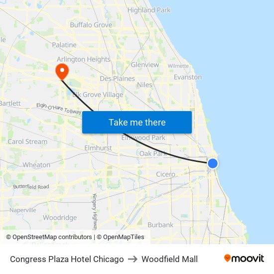 Congress Plaza Hotel Chicago to Woodfield Mall map