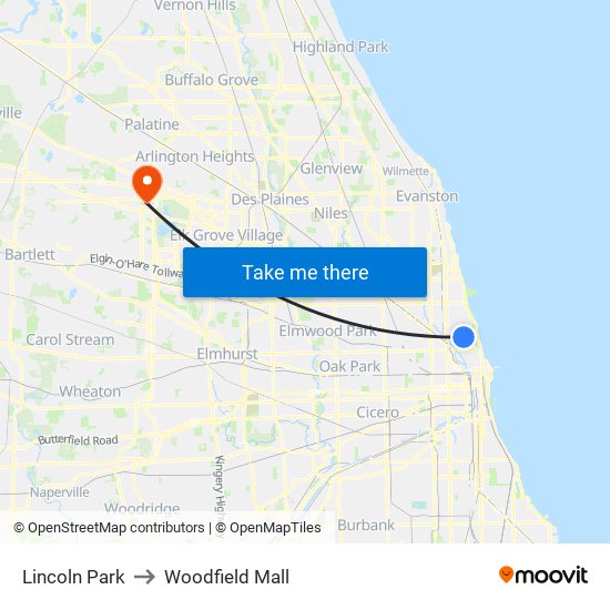 Lincoln Park to Woodfield Mall map