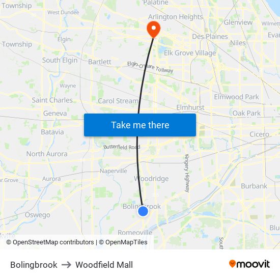 Bolingbrook to Woodfield Mall map