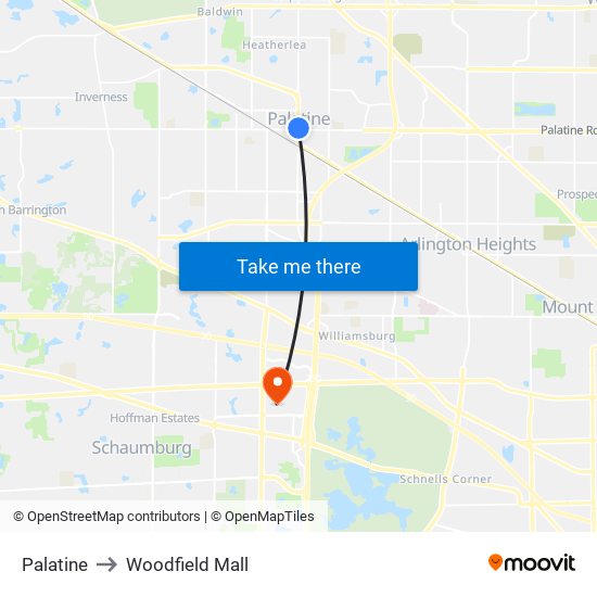 Palatine to Woodfield Mall map