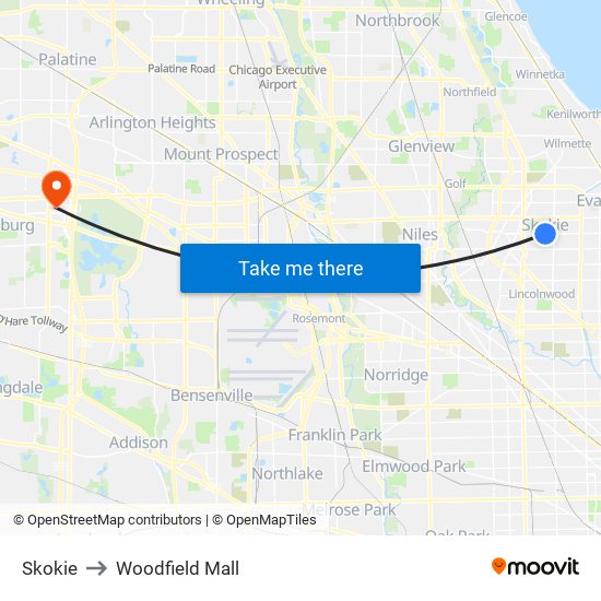 Skokie to Woodfield Mall map