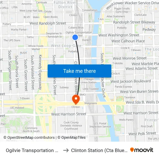 Ogilvie Transportation Center to Clinton Station (Cta Blue Line) map