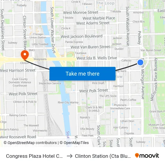 Congress Plaza Hotel Chicago to Clinton Station (Cta Blue Line) map