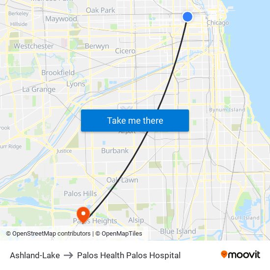 Ashland-Lake to Palos Health Palos Hospital map