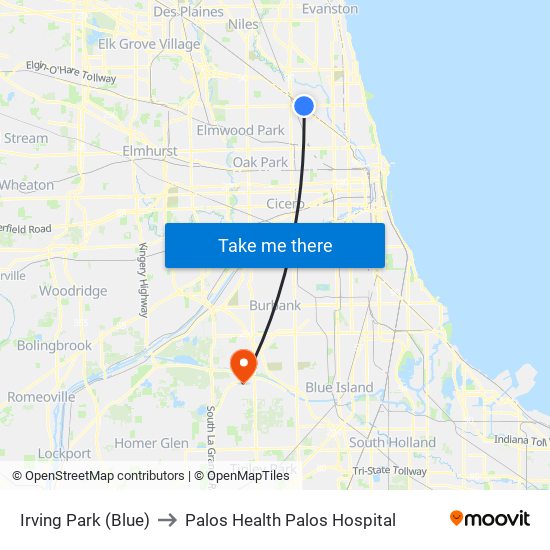 Irving Park (Blue) to Palos Health Palos Hospital map