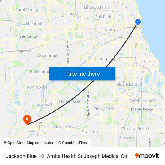 Jackson-Blue to Amita Health St Joseph Medical Ctr map