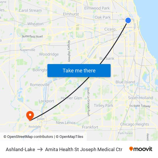 Ashland-Lake to Amita Health St Joseph Medical Ctr map