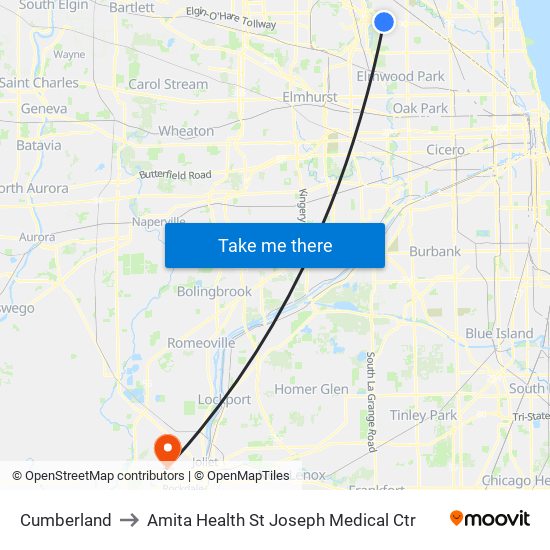 Cumberland to Amita Health St Joseph Medical Ctr map