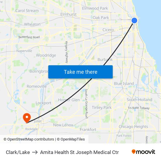 Clark/Lake to Amita Health St Joseph Medical Ctr map