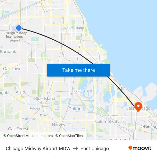 Chicago Midway Airport MDW to East Chicago map