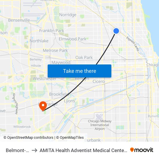 Belmont-Blue to AMITA Health Adventist Medical Center La Grange map