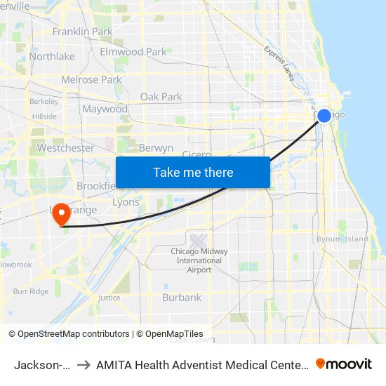 Jackson-Blue to AMITA Health Adventist Medical Center La Grange map